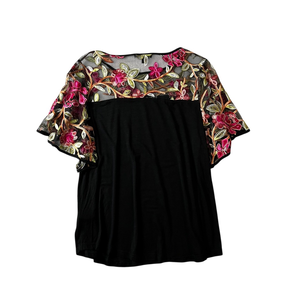 Suzanne Betro Womens‎ Black Floral Embroidered Mesh Flutter Sleeve Top Size M - Picture 9 of 9